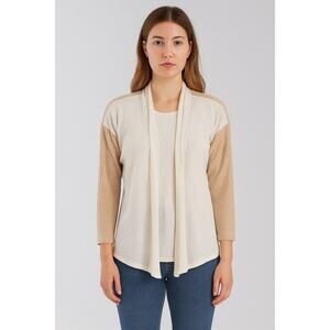 Bobeau Ivory Oatmeal Waffle Long Sleeve Open Cardigan - Size Large